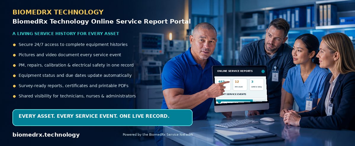 BiomedRx Technology Online Service Report Portal โ every service event, live in your secure online report portal; view a sample report